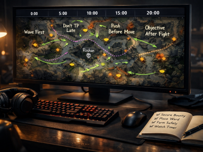 Dota 2 replay review desk setup with 5-minute checklist, map notes, and coaching analysis screen
