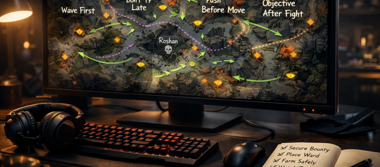 Dota 2 replay review desk setup with 5-minute checklist, map notes, and coaching analysis screen