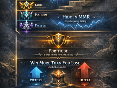 Wild Rift rank system infographic showing Ranked Marks, hidden MMR, Fortitude, and climbing principles