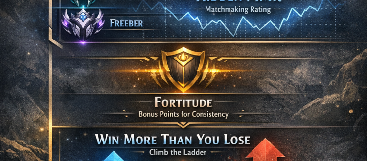Wild Rift rank system infographic showing Ranked Marks, hidden MMR, Fortitude, and climbing principles