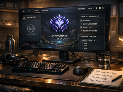 LoL mental game coaching desk with ranked notes, session tracker, and anti-tilt routine setup