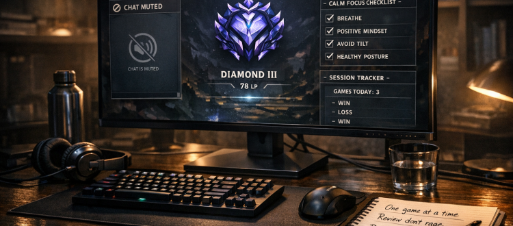LoL mental game coaching desk with ranked notes, session tracker, and anti-tilt routine setup