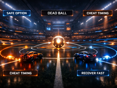 Rocket League kickoff fundamentals guide showing safe kickoff contact and cheat positioning