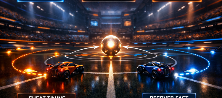 Rocket League kickoff fundamentals guide showing safe kickoff contact and cheat positioning