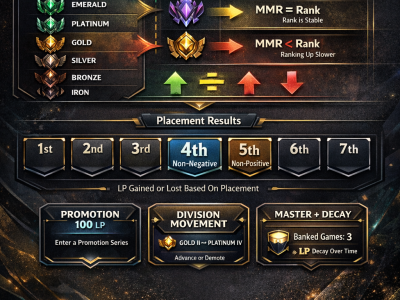 Teamfight Tactics LP and MMR infographic showing ranked ladder, placements, promotions, and hidden matchmaking rating.