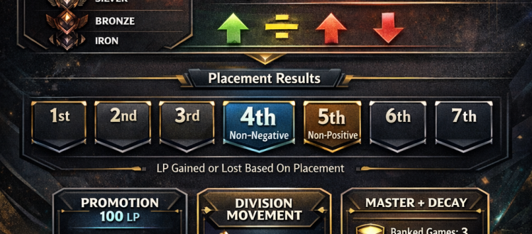 Teamfight Tactics LP and MMR infographic showing ranked ladder, placements, promotions, and hidden matchmaking rating.