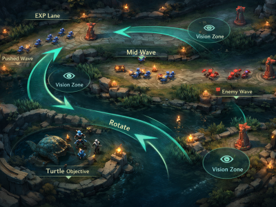 Mobile Legends macro guide visual showing lane rotations, Turtle setup, and side-lane pressure