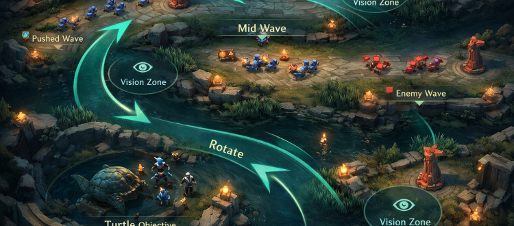 Mobile Legends macro guide visual showing lane rotations, Turtle setup, and side-lane pressure