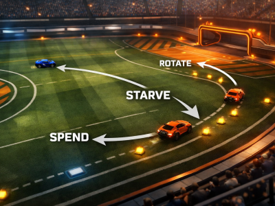 Rocket League boost management strategy showing when to spend boost, starve opponents, and rotate through pads