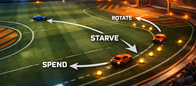 Rocket League boost management strategy showing when to spend boost, starve opponents, and rotate through pads