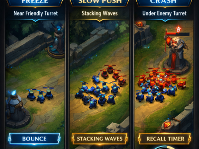 Wild Rift wave management infographic showing freeze, slow push, crash, bounce, and recall timer concepts.