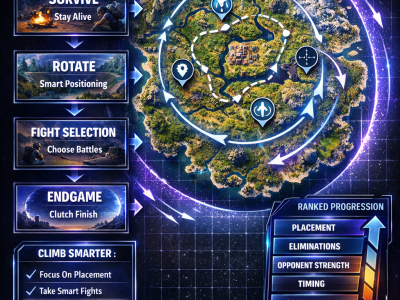 Fortnite ranked infographic showing placement, eliminations, timing, and consistency as key factors for climbing rank