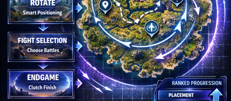 Fortnite ranked infographic showing placement, eliminations, timing, and consistency as key factors for climbing rank