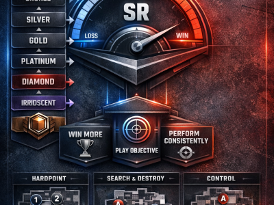 CoD BO6 Ranked Play infographic showing SR, rank progression, and the core habits needed to climb consistently.
