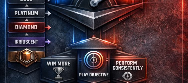 CoD BO6 Ranked Play infographic showing SR, rank progression, and the core habits needed to climb consistently.