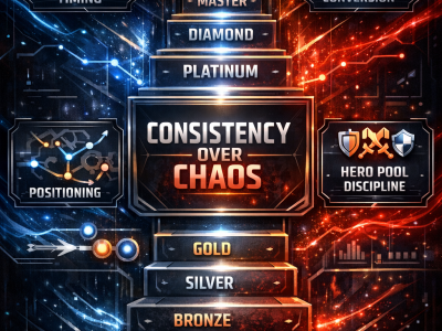 Marvel Rivals ranked infographic explaining how climbing works through consistency, positioning, objective play, and teamfight timing.