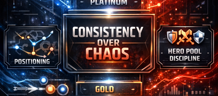 Marvel Rivals ranked infographic explaining how climbing works through consistency, positioning, objective play, and teamfight timing.