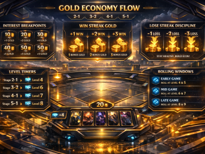TFT economy fundamentals infographic showing interest breakpoints, level timers, and rolling windows