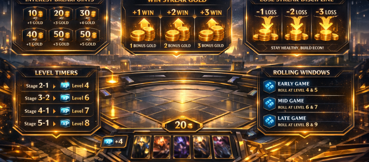 TFT economy fundamentals infographic showing interest breakpoints, level timers, and rolling windows