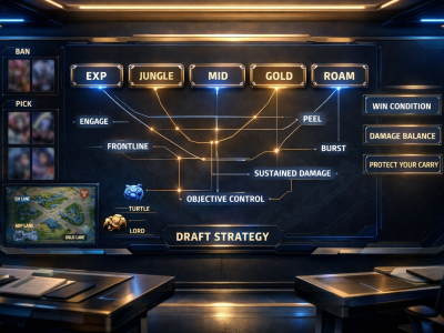 Mobile Legends drafting infographic showing role balance, win conditions, engage, peel, and team comp structure