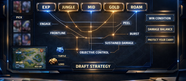 Mobile Legends drafting infographic showing role balance, win conditions, engage, peel, and team comp structure