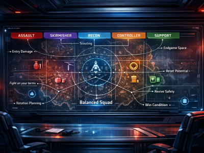 Apex Legends legend roles infographic showing balanced squad composition, class utility, and team synergy