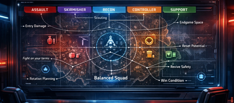 Apex Legends legend roles infographic showing balanced squad composition, class utility, and team synergy