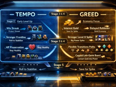 Teamfight Tactics tempo vs greed infographic showing when to roll, level, stabilize, or save gold for a later power spike.