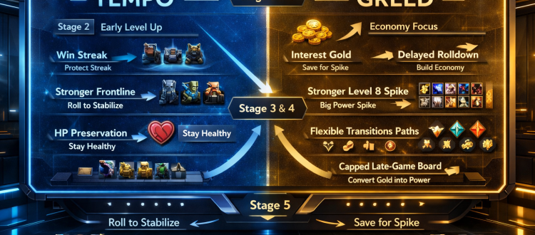 Teamfight Tactics tempo vs greed infographic showing when to roll, level, stabilize, or save gold for a later power spike.