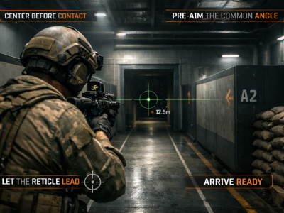 CoD BO6 aim fundamentals training scene showing centering and pre-aim before entering a doorway