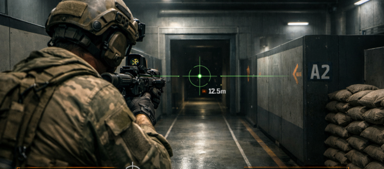 CoD BO6 aim fundamentals training scene showing centering and pre-aim before entering a doorway