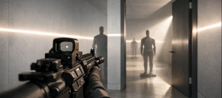 Valorant head-level crosshair placement concept with clean angle geometry