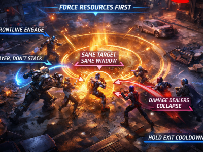 Marvel Rivals teamfight fundamentals infographic showing cooldown layering, focus fire timing, and coordinated engage structure