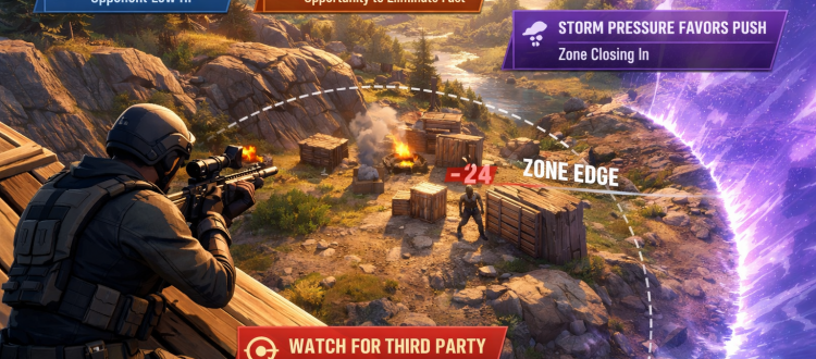 Fortnite fight selection scene showing when to W-key a weak rotating opponent near zone edge