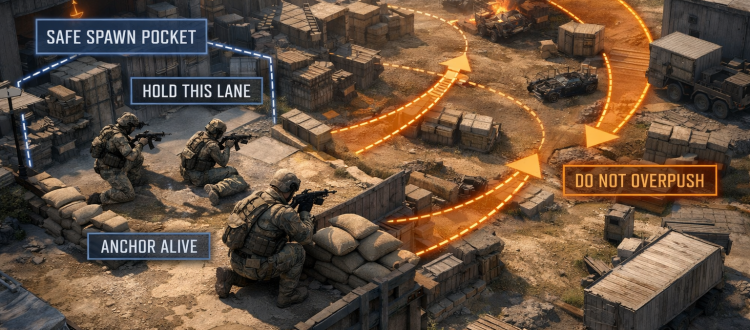 CoD BO6 spawn logic guide illustration showing anchor position and lane control on a multiplayer map