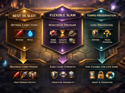 TFT itemization infographic showing BIS vs flexible slam item decisions for carries and tanks