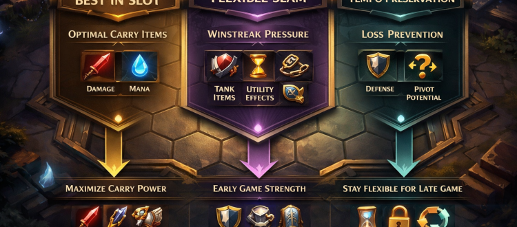 TFT itemization infographic showing BIS vs flexible slam item decisions for carries and tanks