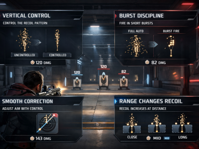 Apex Legends recoil control training infographic with firing range targets and coaching overlays