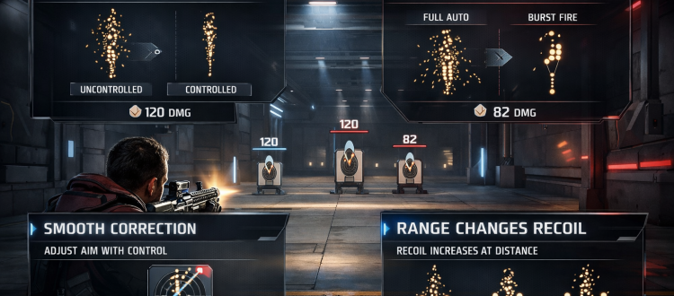 Apex Legends recoil control training infographic with firing range targets and coaching overlays