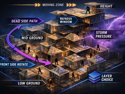 Fortnite endgame layers infographic showing rotations, dead side path, and storm pressure strategy