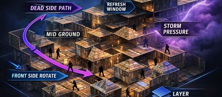 Fortnite endgame layers infographic showing rotations, dead side path, and storm pressure strategy