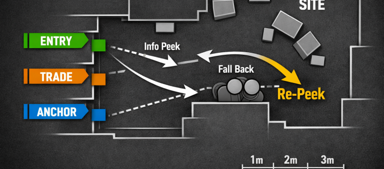 CS2 guide diagram showing safe peeking and trading spacing principles