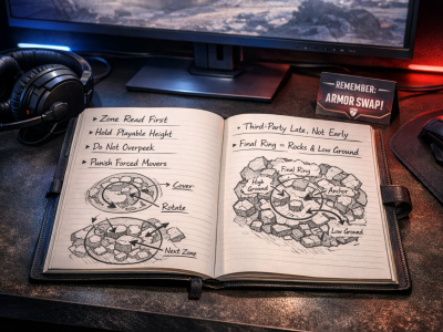 Apex Legends endgame strategy coaching desk with zone reads, height control, and third-party timing notes