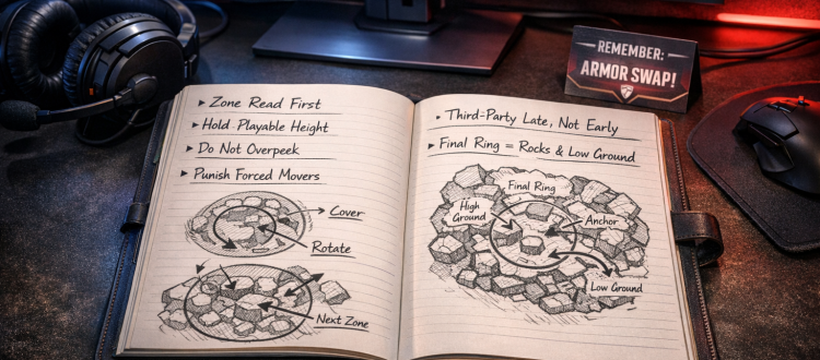 Apex Legends endgame strategy coaching desk with zone reads, height control, and third-party timing notes