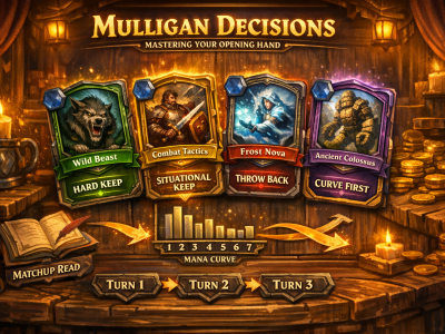 Hearthstone mulligan guide infographic showing hard keeps, situational keeps, and opening hand decision rules