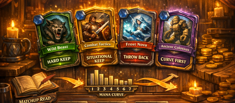 Hearthstone mulligan guide infographic showing hard keeps, situational keeps, and opening hand decision rules