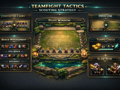 Teamfight Tactics scouting infographic showing contested carries, pivot windows, and lobby reading fundamentals