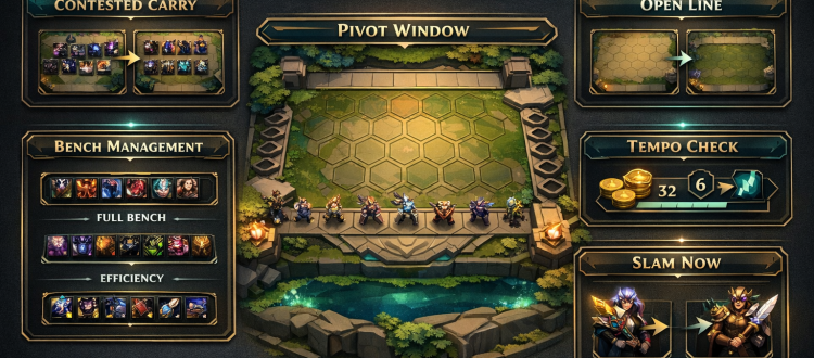Teamfight Tactics scouting infographic showing contested carries, pivot windows, and lobby reading fundamentals