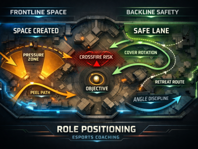 Marvel Rivals positioning infographic showing frontline space creation, backline safe zones, and angle control