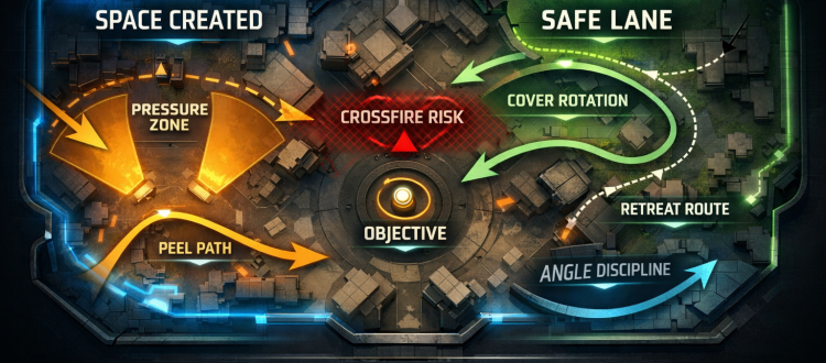Marvel Rivals positioning infographic showing frontline space creation, backline safe zones, and angle control